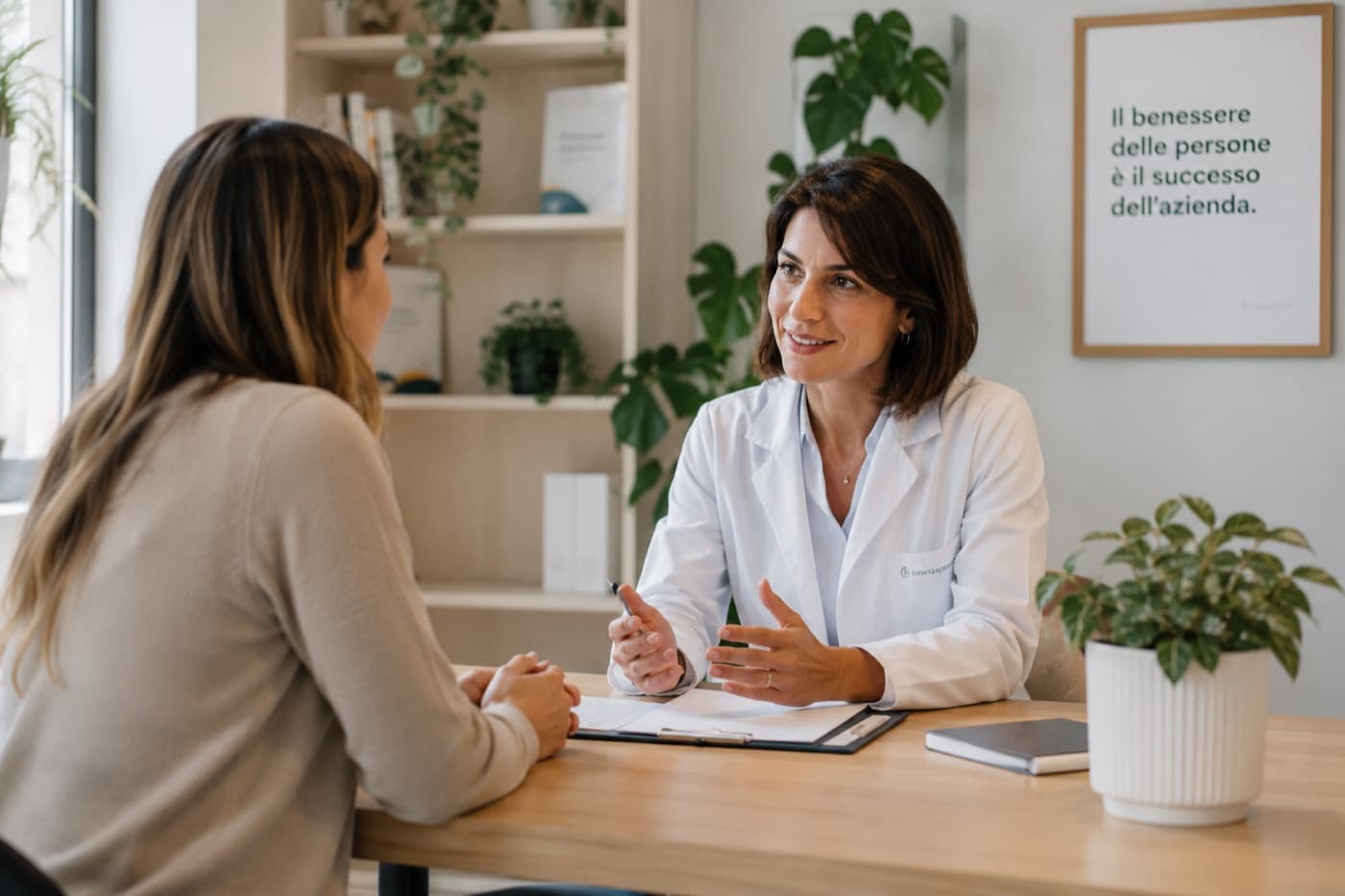 Una professionista sanitaria in camice dialoga con una persona seduta alla scrivania