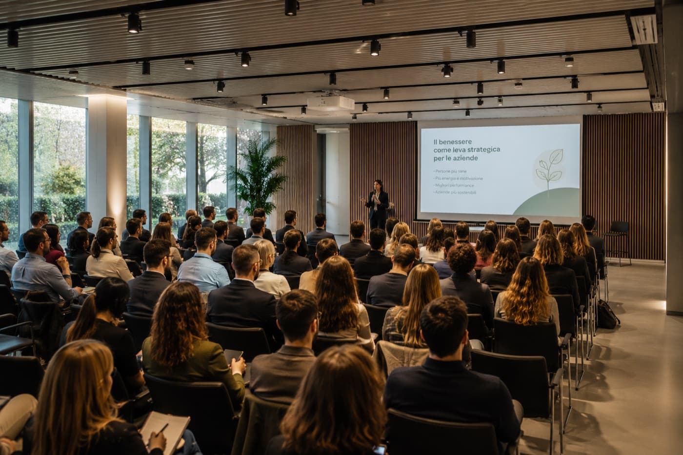 Platea di una conferenza aziendale davanti alla slide “Il benessere come leva strategica per le aziende”