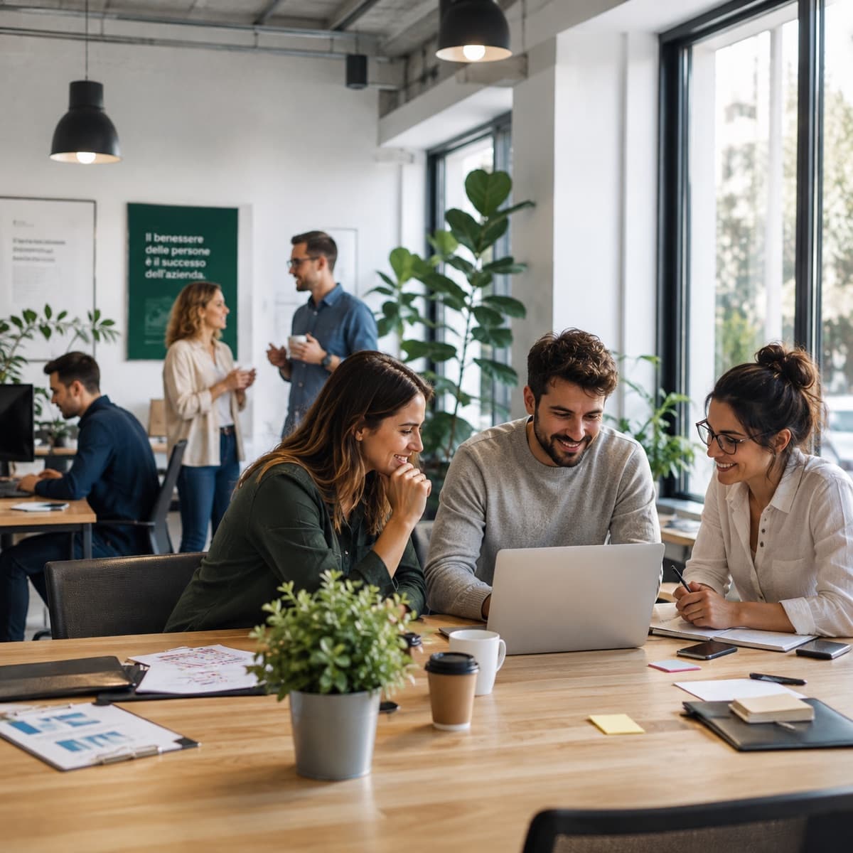 Gruppo di colleghi sorridenti attorno a un tavolo di lavoro