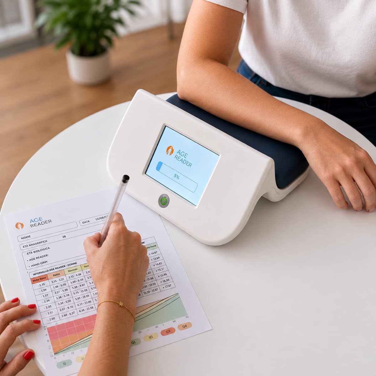 Il dispositivo AGE Reader durante una misurazione sull’avambraccio